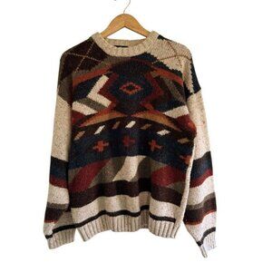 Vintage Etchings Mens Sz L Brown Blue Tan Crewneck Knit Wool Blend Sweater